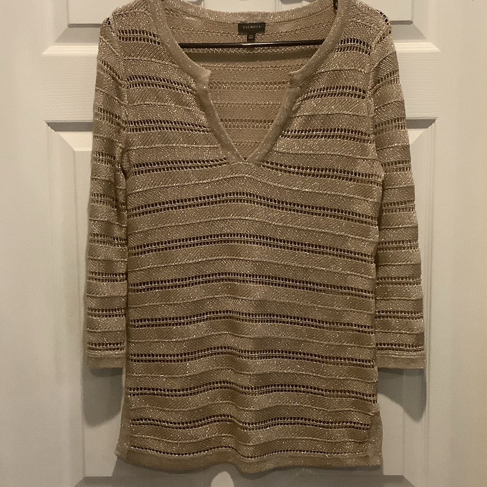 Talbots Textured Gold V-Neck Sweater, open weave‎